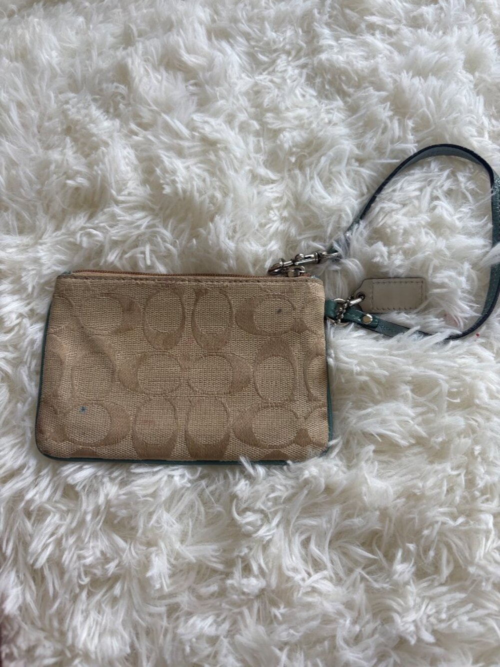 Coach Mini Wristlet Signature C Canvas Patchwork Stripe Bag Teal Trim Vintage - Picture 14 of 16